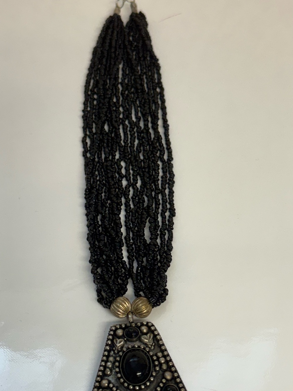 Vintage Multi-Strand (8) Black Bead Necklace with Ornate Pendant